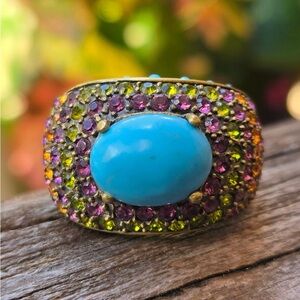 Heidi Daus Turquoise and Multicolor Crystal Ring sz11